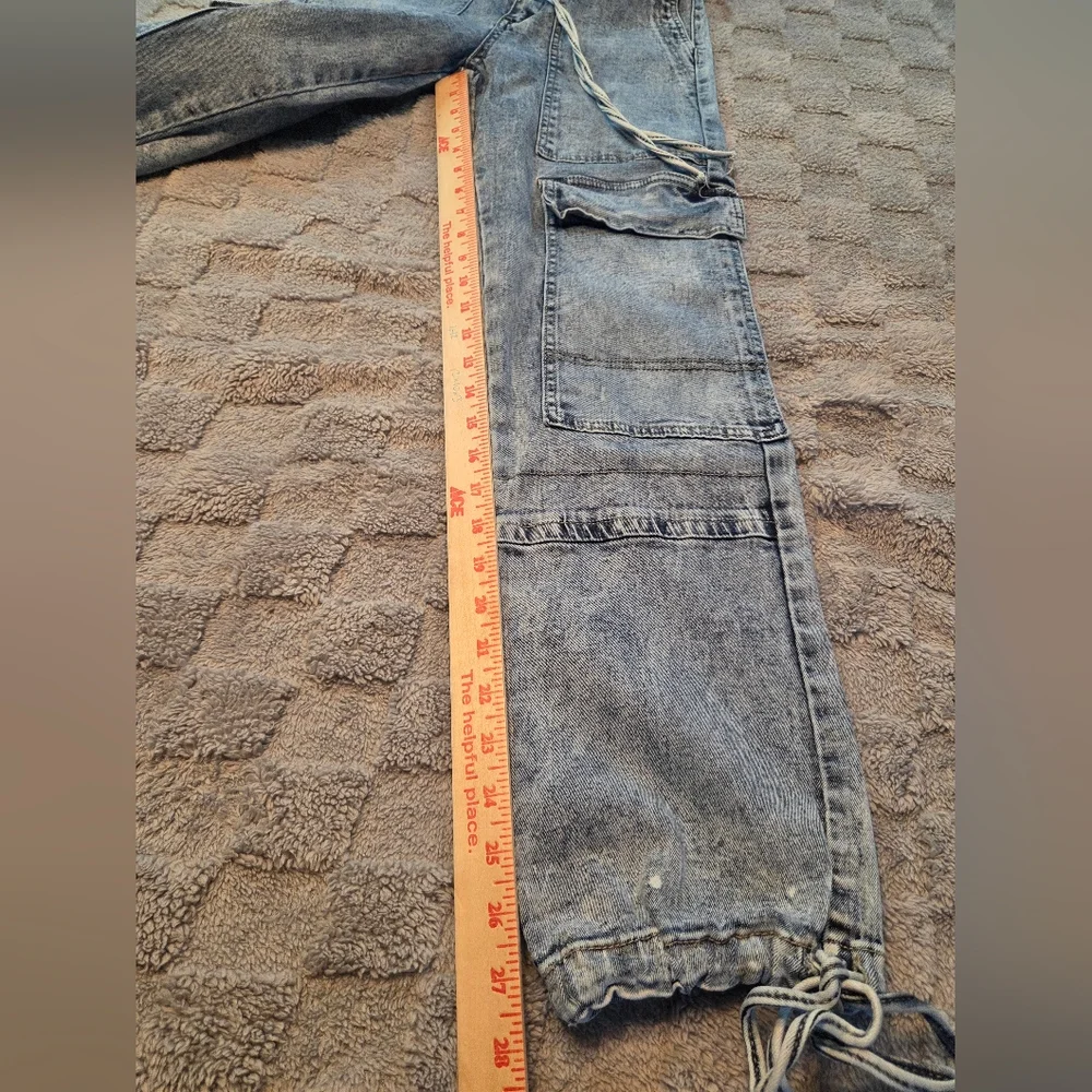 Elite Jeans Womens Cargo Size 7 Acid Wash Baggy Deep Pockets Drawstrings Retro - Picture 5 of 10